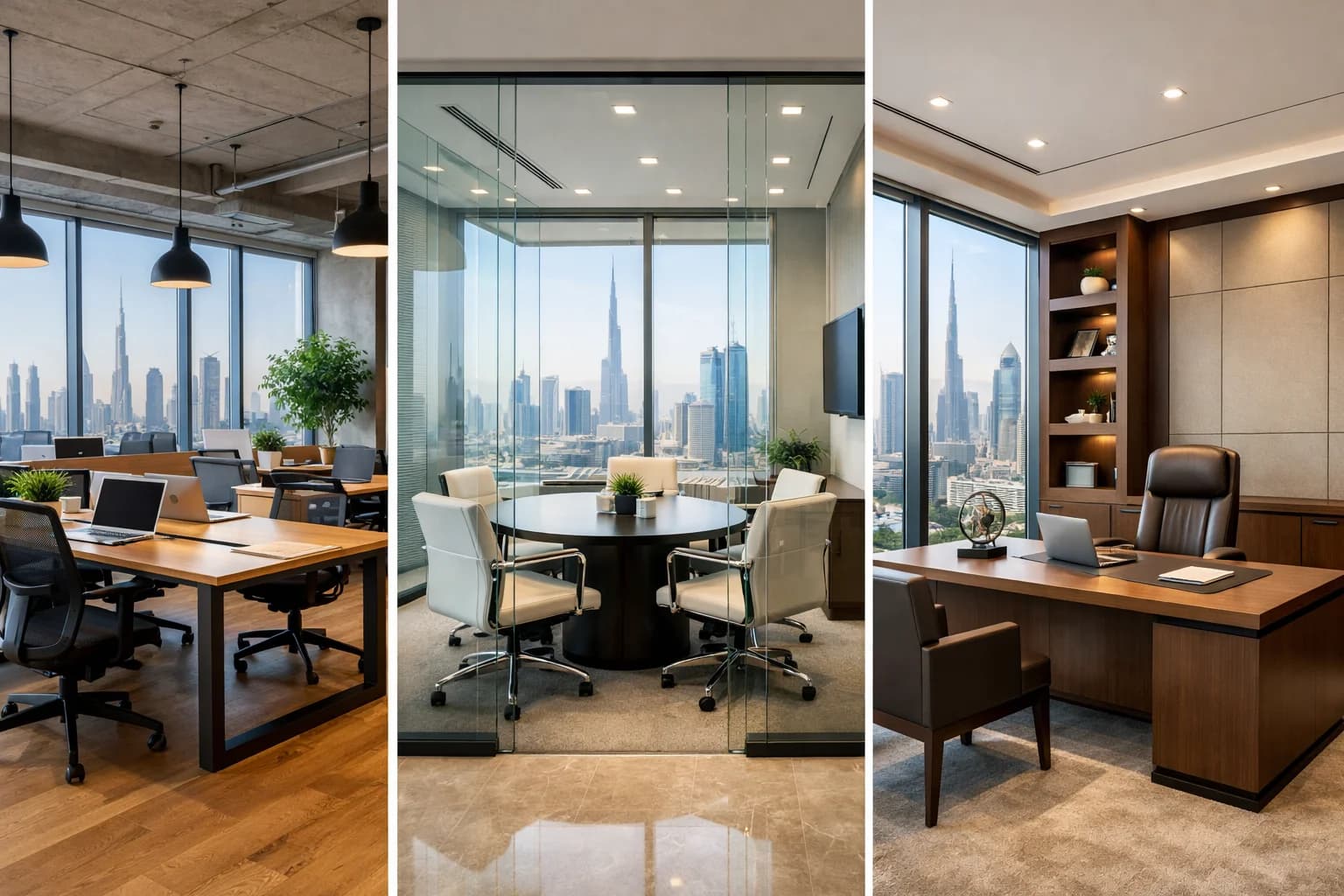Visual comparison of three UAE office space types: flexi desk co-working area, serviced office with private room, and dedicated private office suite|Dubai Ejari certificate and tenancy contract documents required for mainland business licensing|Modern UAE bank corporate banking center where business account opening and verification procedures are conducted