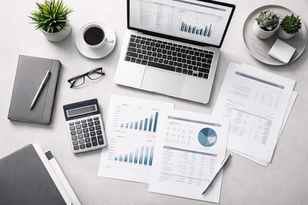 Financial planning documents and calculator representing Dubai business setup cost calculation and budgeting