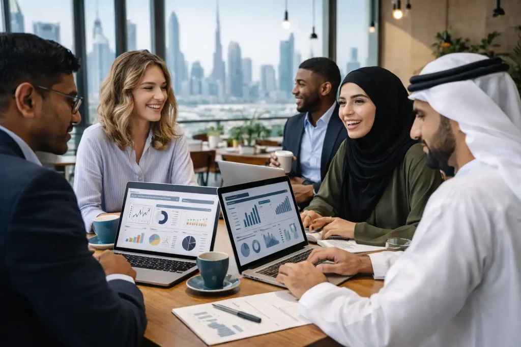 Digital nomads and freelancers working remotely in UAE representing the flexible work arrangements enabled by affordable free zone licenses