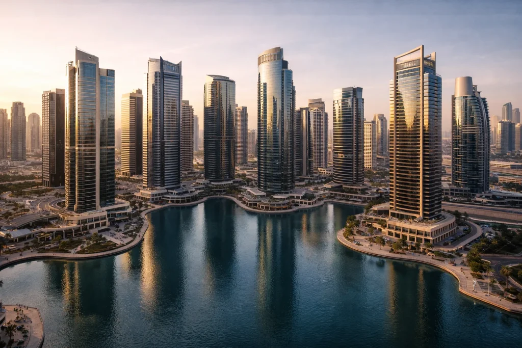 DMCC Jumeirah Lakes Towers business district showing modern office towers and premium business environment