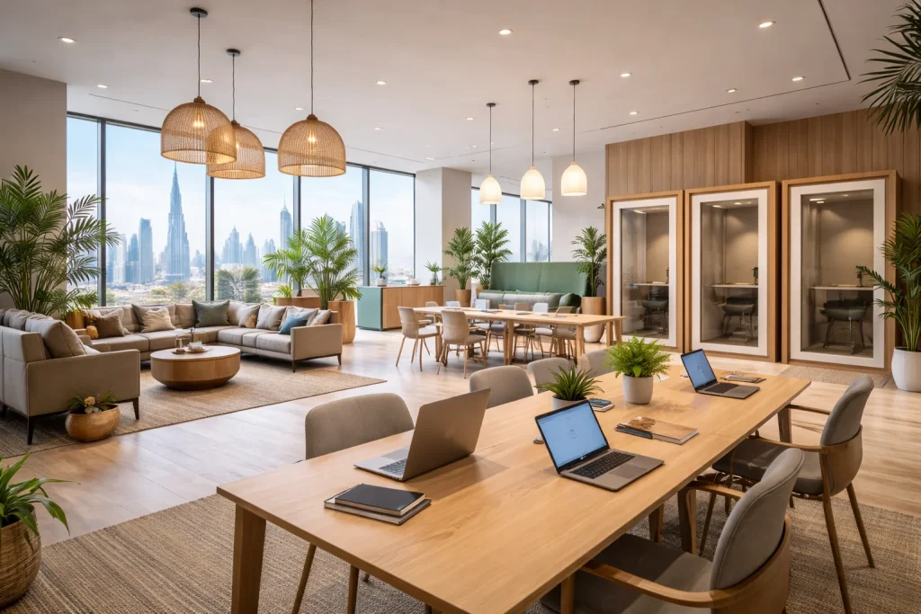 Contemporary coworking space in Dubai featuring flexible desk arrangements and meeting areas