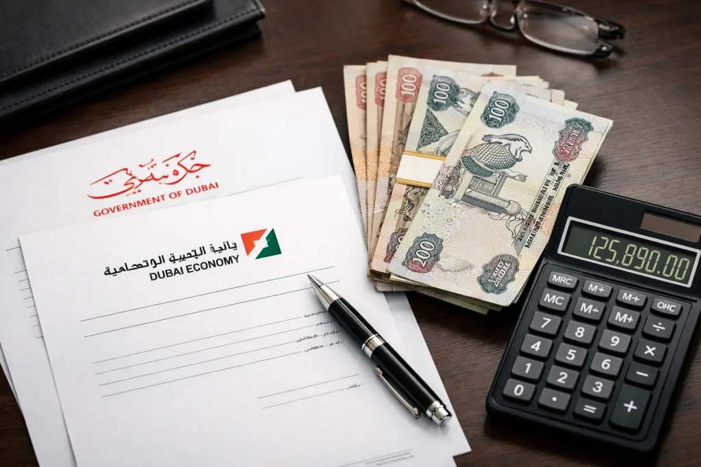 Official Dubai DED licensing documents with UAE dirham currency and calculator showing business setup costs