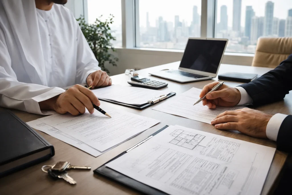 Modern Dubai Land Department trustee office setting for property title deed transfer
