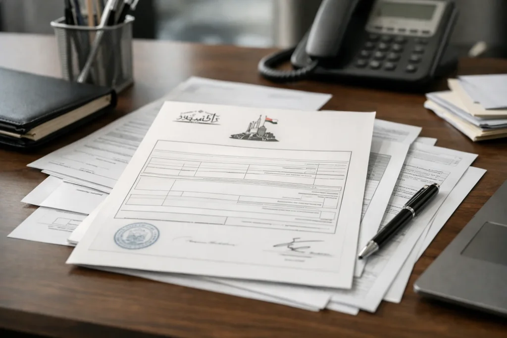 Official Dubai mainland trade license and DED business documentation displayed in professional office setting