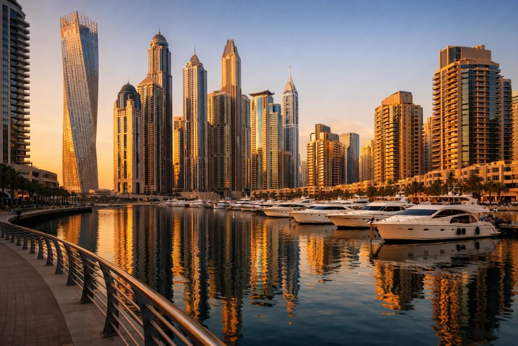 Dubai Marina waterfront featuring modern residential towers and marina infrastructure at sunset