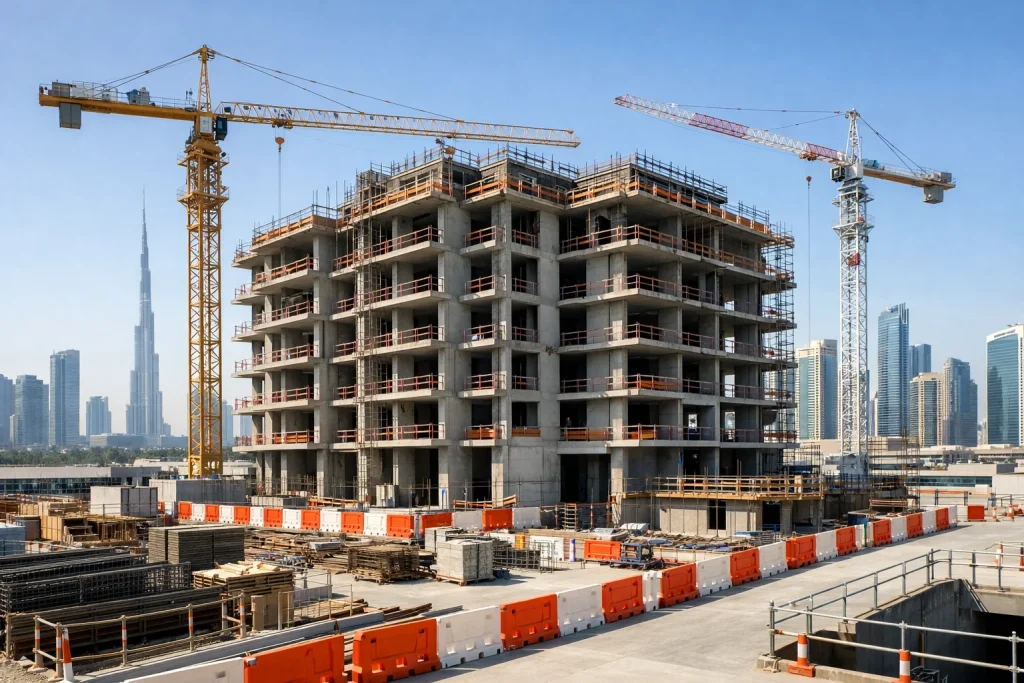 Dubai off-plan residential construction site showing modern building development progress.
