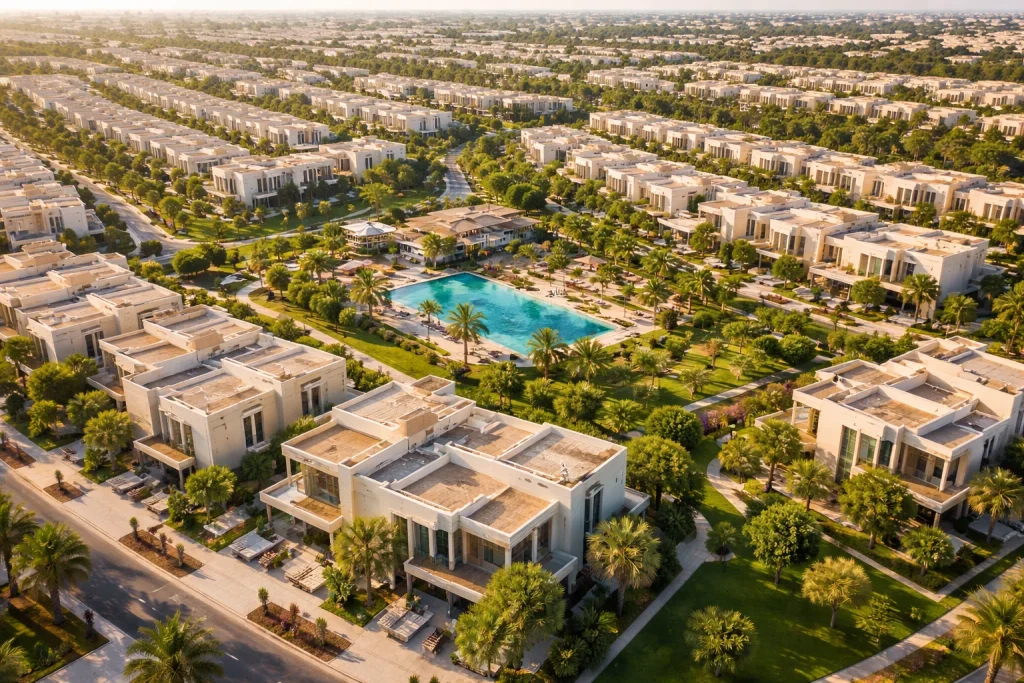 Aerial view of planned Dubai villa community showing residential layout and green spaces