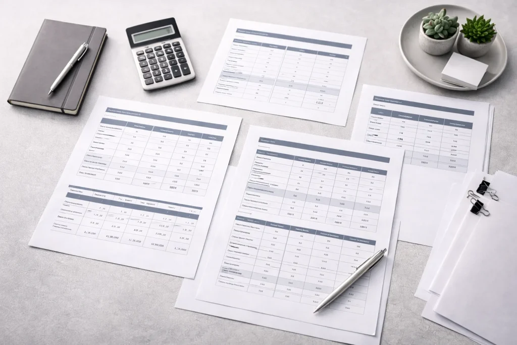 Business planning documents comparing UAE free zone package costs and options for setup budgeting