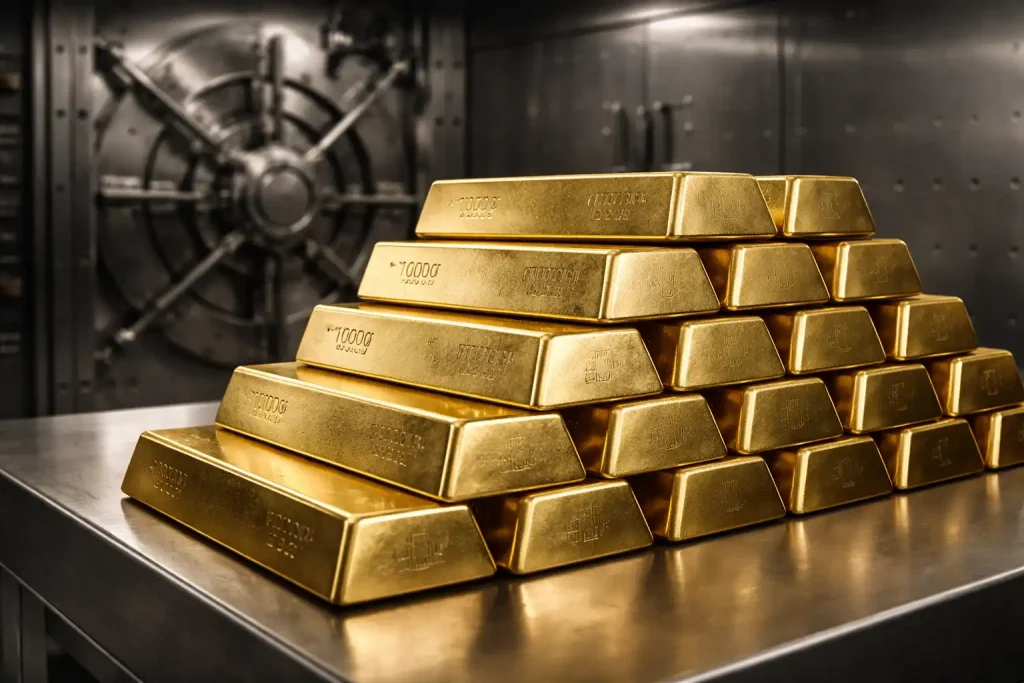 Gold bullion bars in secure vault storage showing physical precious metals inventory