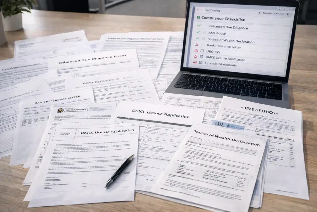 Gold trading compliance documentation including due diligence forms, AML policies, and source of wealth declarations