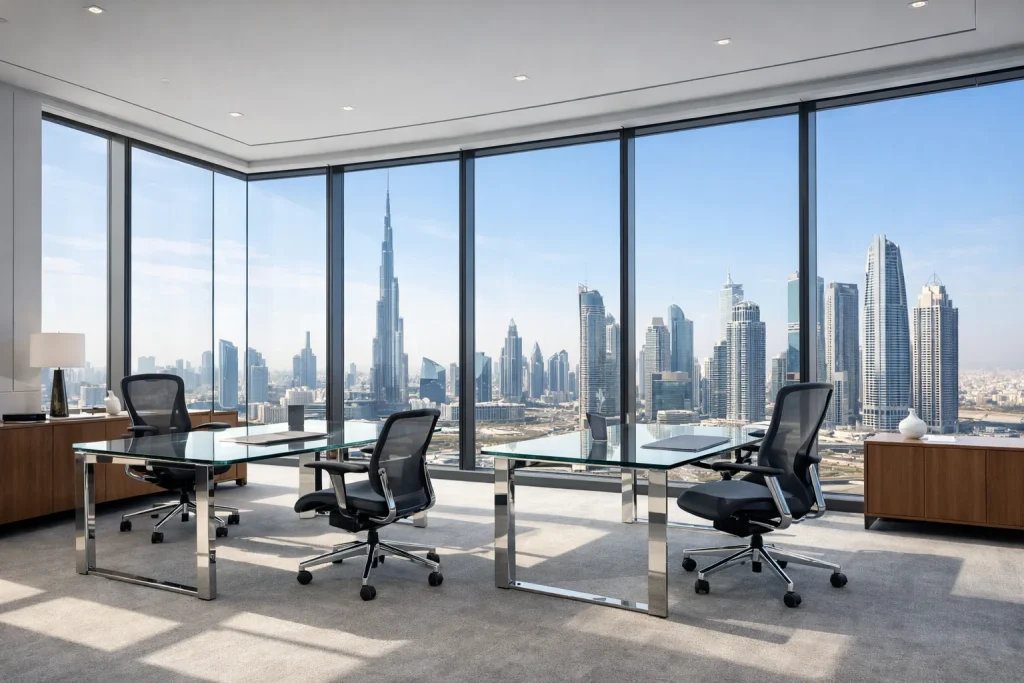 Modern office interior in Dubai with skyline views and contemporary furnishings