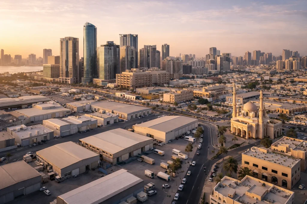 Sharjah commercial and industrial business environment showing mix of modern offices and manufacturing facilities