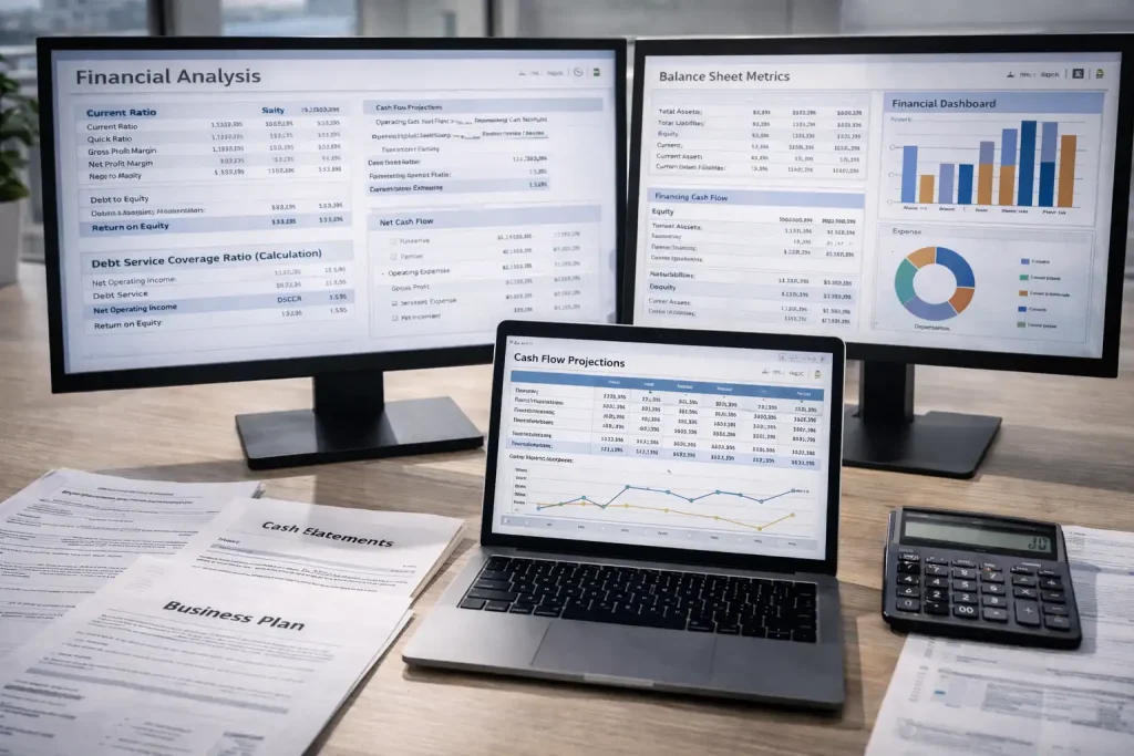 Business financial analysis showing DSCR calculations, cash flow metrics, and profitability ratios for SME loan evaluation