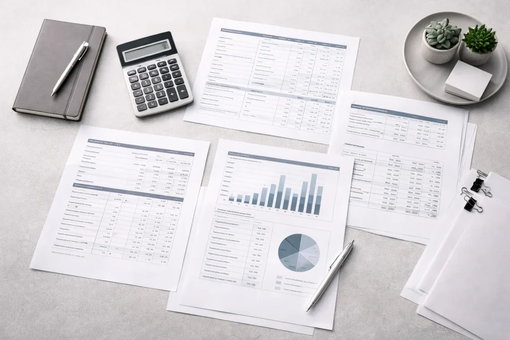 Financial planning documents and cost analysis spreadsheets for UAE business setup budgeting