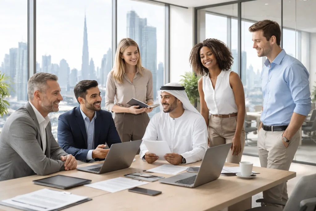 Professional business consultants discussing UAE mainland company formation options