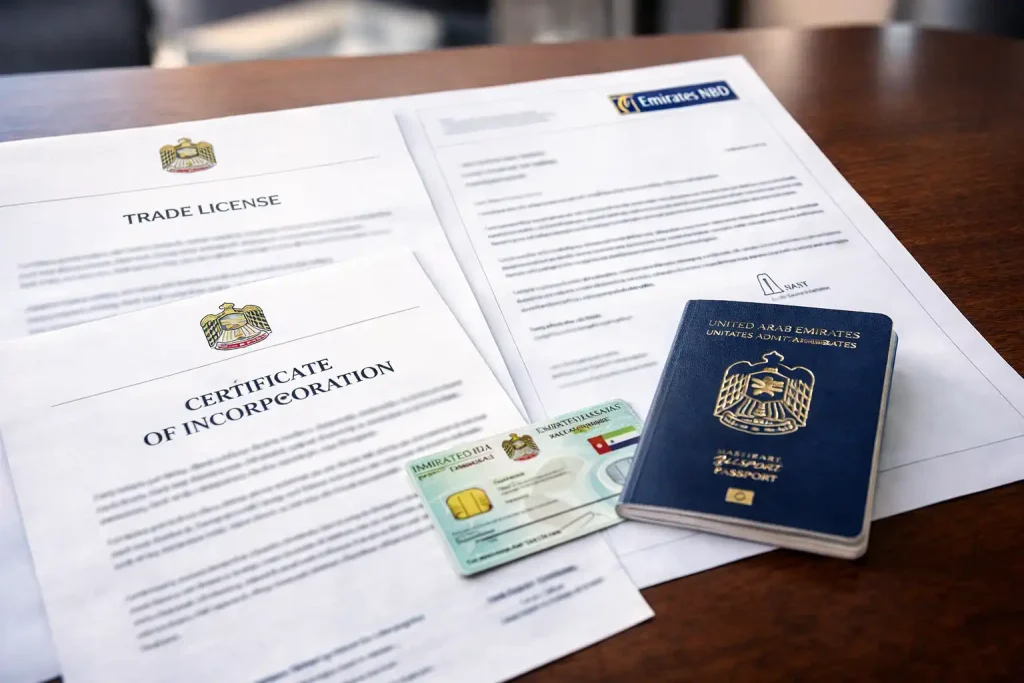 UAE corporate banking documentation including trade license, incorporation certificate and bank approval letters