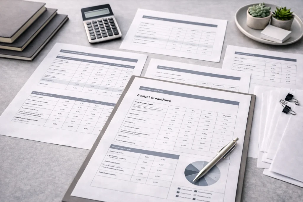 Comprehensive cost breakdown documents showing package fees, government visa costs, and additional expenses for UAE free zone setup