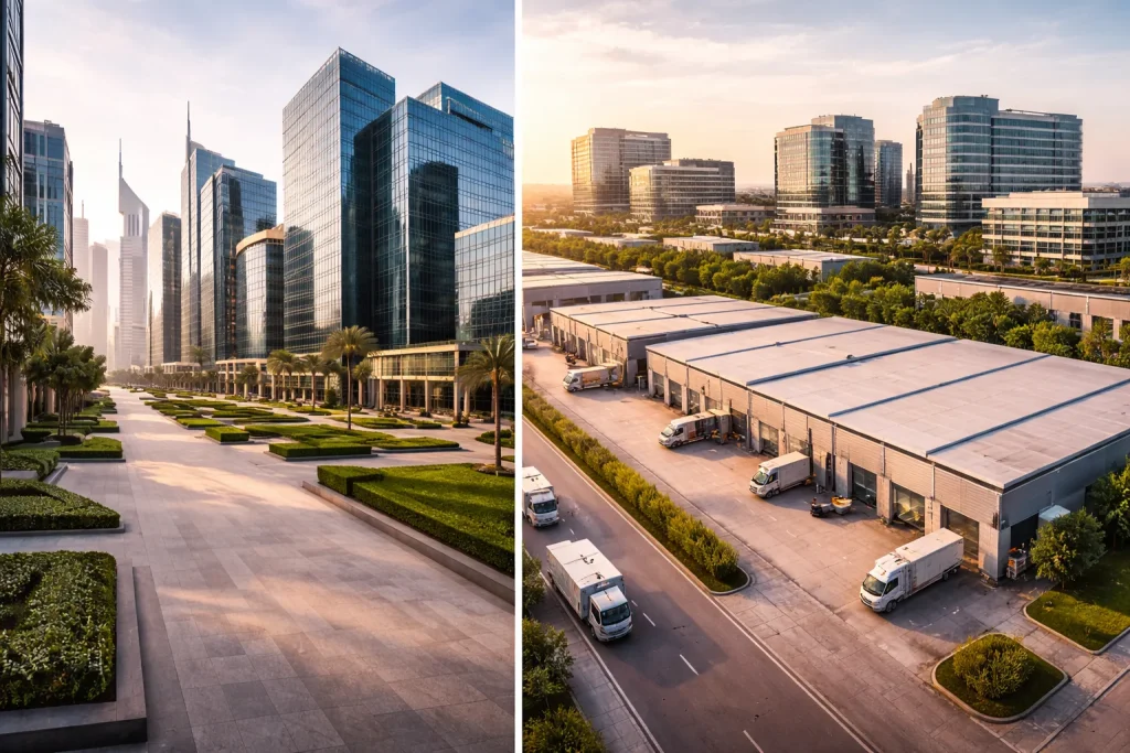 Diverse UAE free zone business environments showing financial district towers, industrial facilities, and technology business parks