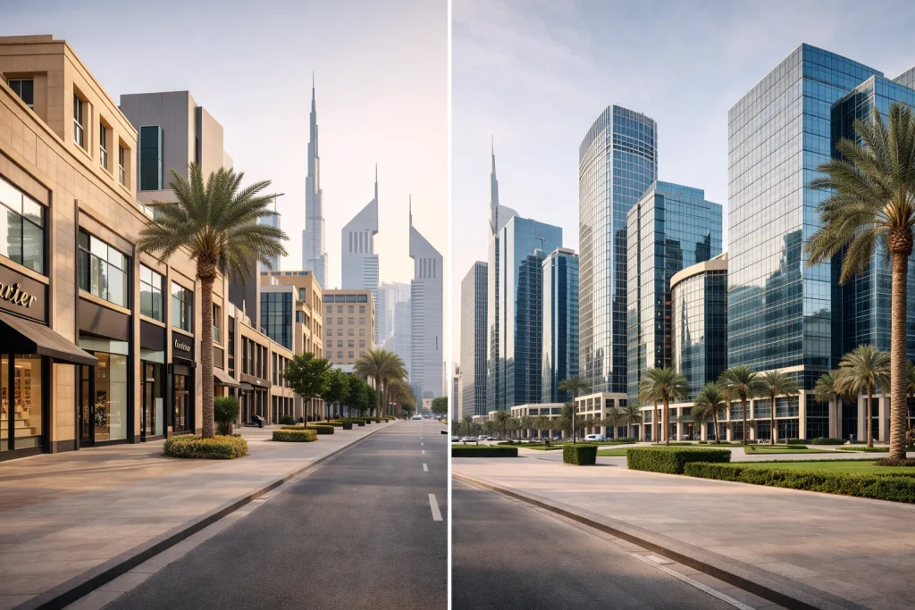 Comparison of UAE mainland retail environment versus free zone corporate business park representing different jurisdiction options