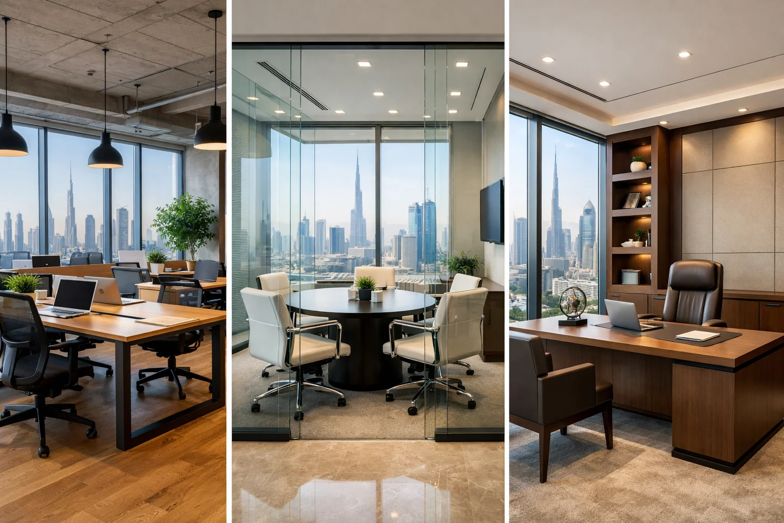 Visual comparison of three UAE office space types: flexi desk co-working area, serviced office with private room, and dedicated private office suiteDubai Ejari certificate and tenancy contract documents required for mainland business licensingModern UAE bank corporate banking center where business account opening and verification procedures are conducted