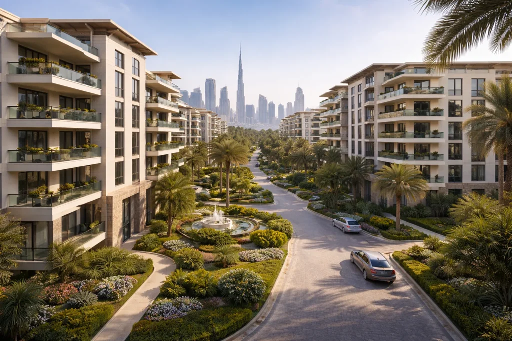 Mid-rise residential apartment buildings in Arjan Dubai community with landscaping