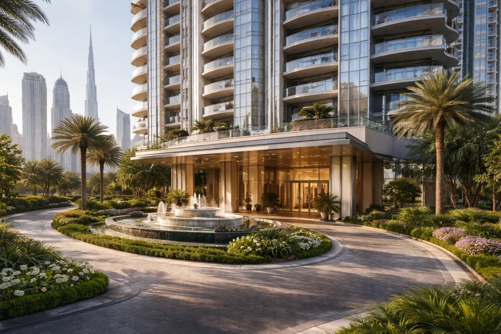 Luxury high-rise residential tower entrance in Downtown Dubai with modern architecture