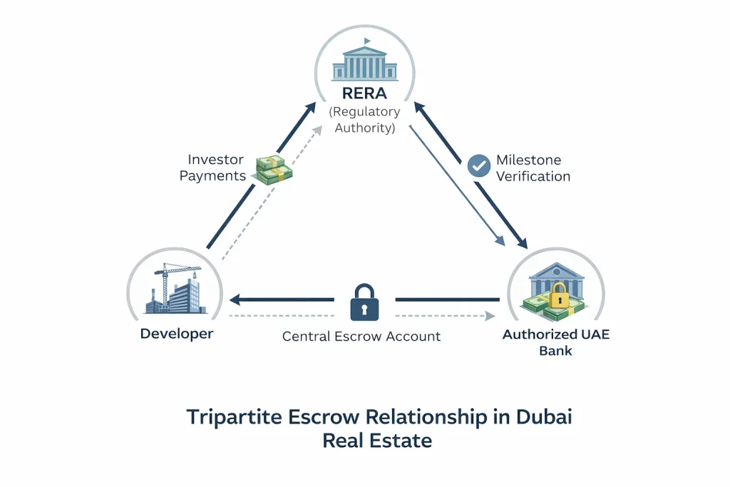 Tripartite escrow account structure in Dubai showing RERA oversight, bank-controlled escrow account, and developer fund access linked to construction milestones
