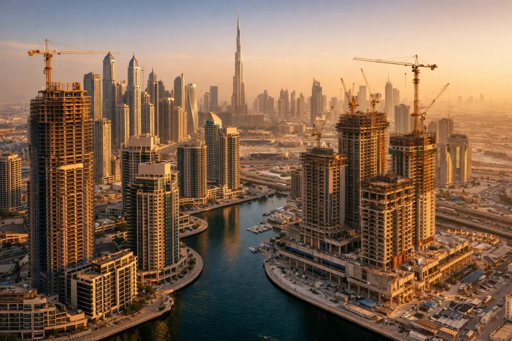 Dubai skyline showing completed towers and active construction sites representing ongoing off-plan property development in premium districts