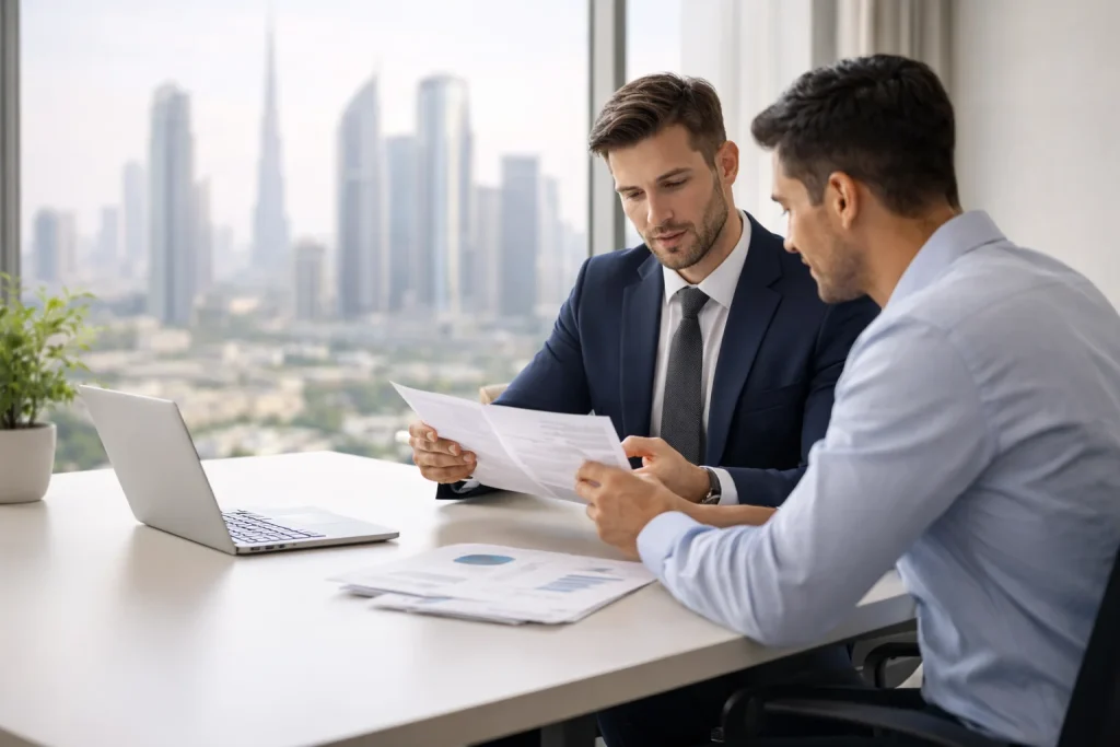 Advisor reviewing off-plan property documents with a client in a Dubai office