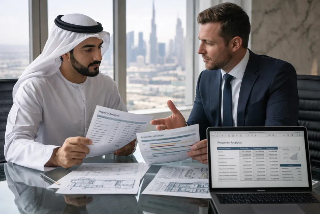 Professional advisory consultation for Dubai off-plan property investment with advisor and investor reviewing contract documents and financial analysis