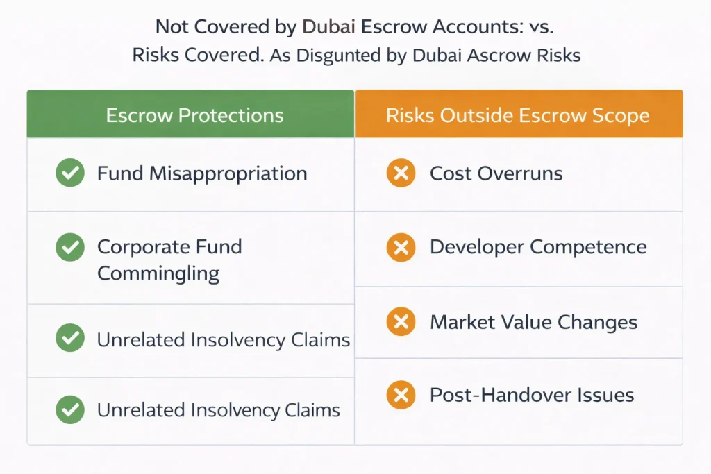Comparison of risks covered by Dubai escrow accounts versus risks not covered, including cost overruns, developer execution risk, market fluctuations, and post-handover obligations