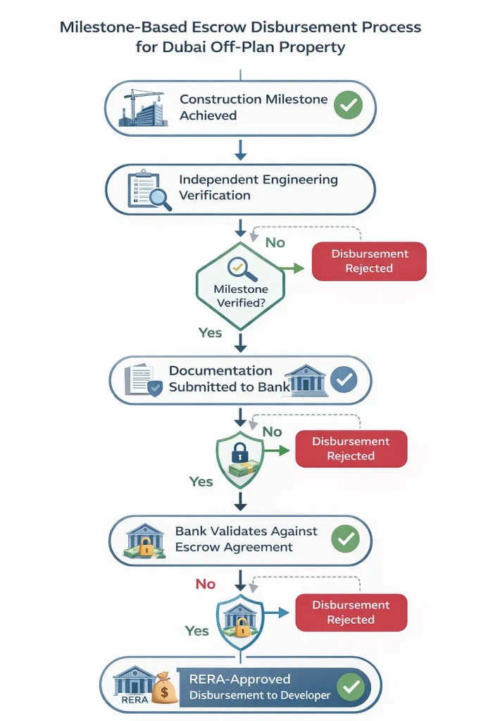 Checklist for verifying escrow accounts in Dubai off-plan property investments including RERA registration, escrow account confirmation, payment routing, SPA review, and bank verification