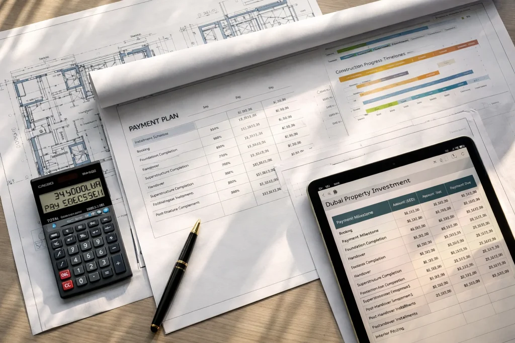 Investment planning documents including architectural plans payment schedules and financial calculations for Dubai off-plan property evaluation