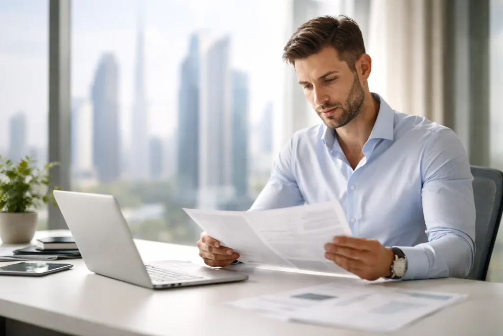 Professional reviewing UAE company incorporation documents in a Dubai office