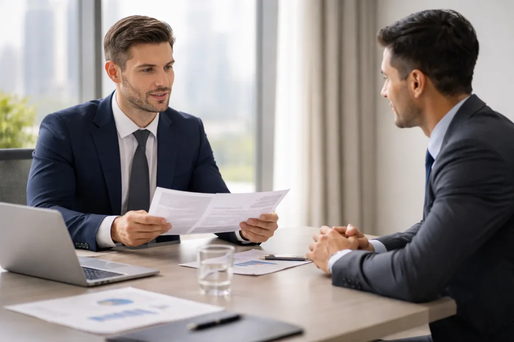Business professionals reviewing documents during a corporate bank account meeting in the UAE