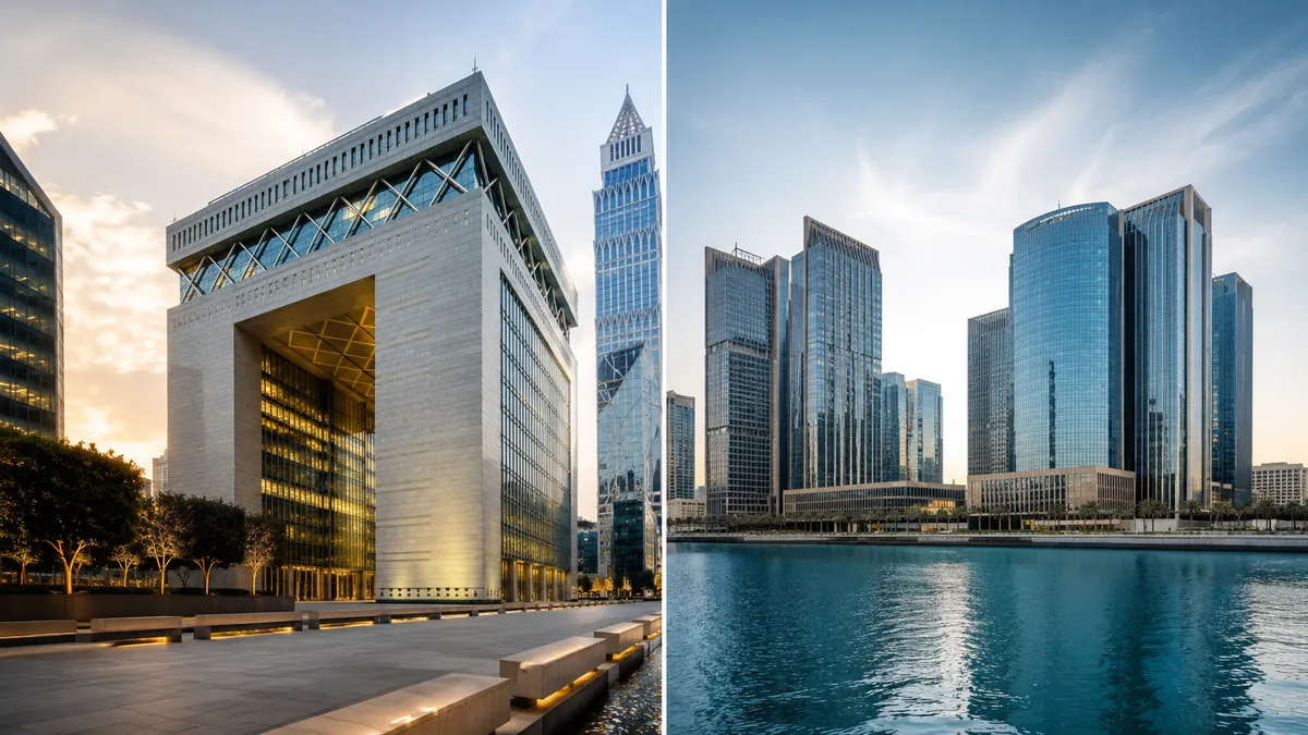 DIFC Gate building in Dubai beside the ADGM financial district on Al Maryah Island in Abu Dhabi
